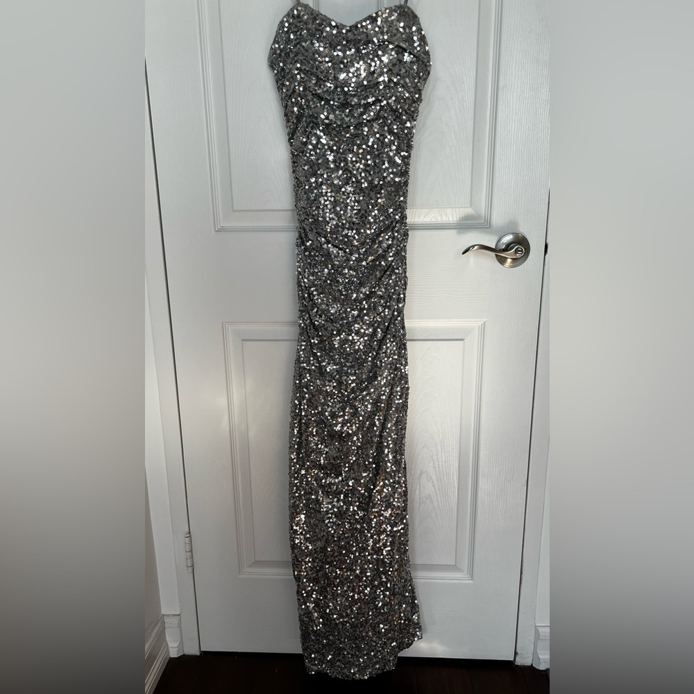 Badgley Mischka silver sequin strapless gown